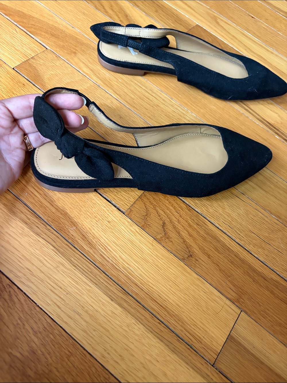 J. Crew Black Suede Pointed Toe Slingback Flats with Bow